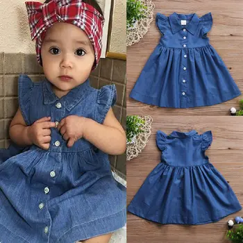 Sevimli Bebek Çocuklar Kız Kollu Casual Elbiseler Fırfırlı Yaz Kızlar 1 Kovboy Düğmesi Sundress Elbise Parti Elbise Mavi 5Y Denim