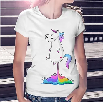 Sevimli fat unicorn gökkuşağı osuruyor komik tshirt femme jollypeach yepyeni kawaii beyaz moda T-shirt kadınlar rahat T-Shirt
