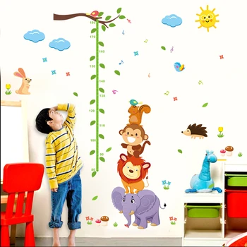 Sevimli fil, aslan, maymun, kuş büyüme grafiği duvar çıkartmaları çocuk odaları için hayvan yükseklik ölçmek pvc duvar çıkartmaları karikatür