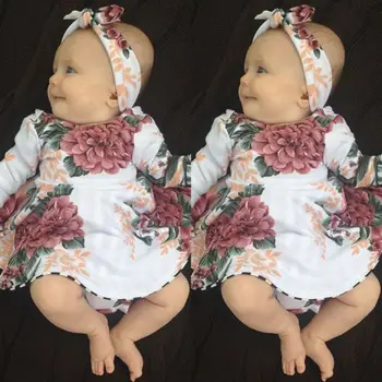 Sevimli yeni Doğan Bebek Kız Rahat Elbise Uzun Çizgi Çiçek Prenses Parti Elbise saç Bandı 2 adet Bebek Elbise Kollu Çiçek