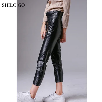 SHİLO GİDİP Deri pantolon Sonbahar Moda koyun derisi gerçek deri pantolon yüksek seksi fermuar ayarlanabilir bel Siyah kalem pantolon Kadın