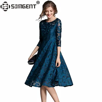 Simgent Diz boyu Kadınlar Sonbahar İlkbahar Moda Zarif Üç Çeyrek Kol Office Çiçek Dantel Elbise Vestidos SG7976 Elbiseler