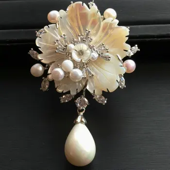 SİNZRY Lüks Sıcak doğal shell pearl çiçek broş pin vintage büyük Kübik Zirkon gelin takı aksesuarları
