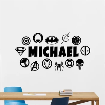 Süper kahraman Duvar Çıkartması Özel Adı DC Comics Marvel Logo Vinil Sticker Duvar Dekor Genç Çocuk Odası Yatak Odası Duvar Sticker