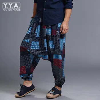 Sıcak Satış Mens Samuray Boho Rahat Gevşek Harem Hakama Şalvar Japon Pantolon Erkekler İçin Baskılı Elastik Bel Çapraz pantolon Çiçekli Keten