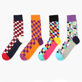 Sıcak ! Yeni çorap 37-46 HP08 erkekler kadınlar Centilmen erkek çorap büyük boyutu EUR için 3D renkli Kare pamuklu çorap stili