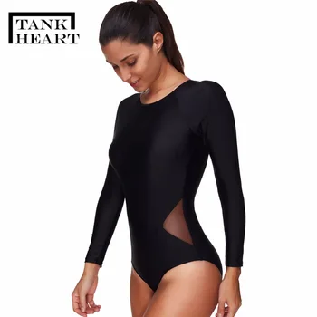 Tank Kalp Siyah Retro Uzun Kollu Bikini 2018 Yeni Gelenler Bir sırt dekolteli Örgü Kadın Biquini Plajı parça Mayo Yüzmek Seksi