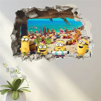 Tatil Paramparça Pencere Bebek Çocuk Odası Yatak Odası Decoraton Vinil 3D Duvar Sticker Şirin Sarı Çocuk Sanat Duvar Çıkartmaları Poster