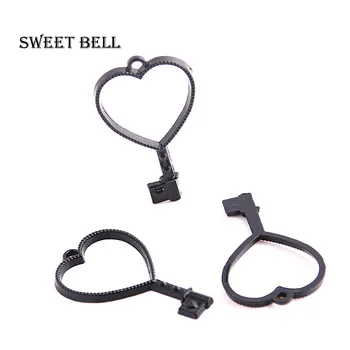 Tatlı Bell 15pcs 25*520 Siyah Alaşım kalp anahtar çekicilik tutkal boş kalp kolye tepsi çerçeve takılar DİY el Yapımı D6180 Hollow-