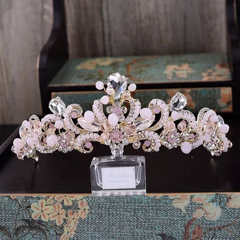 Tatlı Pembe Kristal Gelinlik Başlık Zincir Düğün Rhinestone Çiçek Tacı Tacı Saç Bandı, Altın Saç Takı Nedime