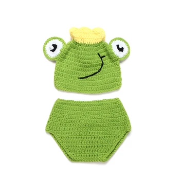 Taç Yeşil Kurbağa Şapka Pantolon ile tığ işi yeni Doğan Bebek Kurbağa Şapka Tığ işi Bebek Bebek Fotoğrafçılık Giyim MZS-14051 Set