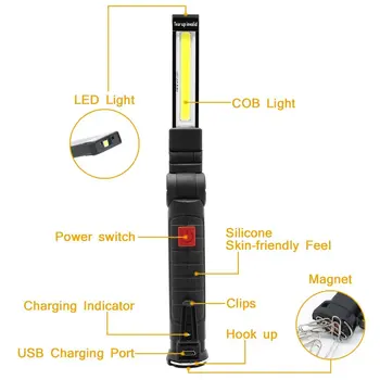 Taşınabilir 5 Modu COB el Feneri Meşale USB Şarj edilebilir Katlanabilir Çalışma Işığı Manyetik COB Lanterna Asılı Kanca LED Lamba