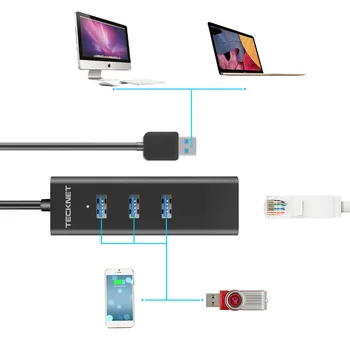 TeckNet 3 Port USB 3.0.0 Hub Fast Ethernet LAN Bilgisayar Aksesuarları için Ağ Bağdaştırıcısı USB 3.0 HARİCİ Adaptör Kablolu