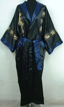 Tersinir Lacivert Siyah Erkek İpek Pijama Rayon Nakış Dragon Çin Tarzı Erkek Bornoz Kimono MR096 Bir Boyutu Elbise