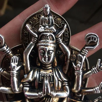 Tibet Budizmi miao Gümüş 1000 kol Kwan-Yin Bodhisattva Guan Yin Buda Heykeli fengshui dekorasyon metal El Sanatları