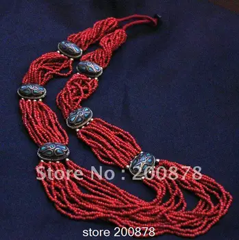 TNL252 Tibet kırmızı mini pirinç takılar uzun kolye,Nepal etnik BOHO moda,Toptan etnik Tribal Kolye boncuk