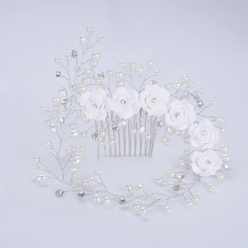 TUANMİNG Düğün Deseni Kristal İnci Beyaz Çiçek Hairband saç Bandı el Yapımı Saç fırçası Saç Aksesuarları Saç Takı Gelin