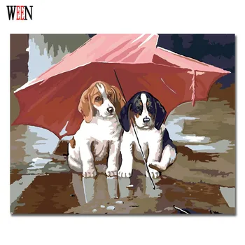 Tuval Petrol Birkaç Köpek ve şemsiye Boyama Sanatı Ev Dekorasyonu sayılarla CADI Köpek Resimleri Modern DİY Hayvan İşi