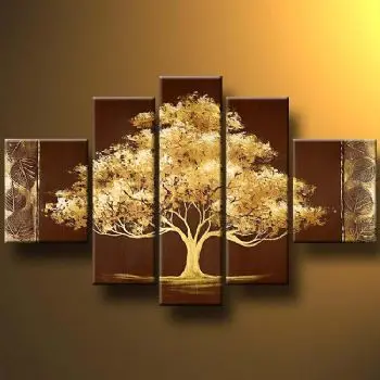 Tuval Sanat Duvar Dekor Üzerinde 5 adet El Boyalı yağlı Boya Altın Ağaç-Modern yağlı Boya Çiçek Yağlıboya Duvar Sanatı