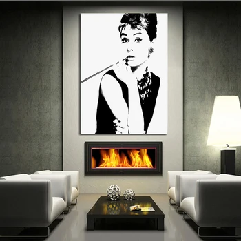 Tuval Yüksek Kalite ücretsiz Shipping El-boyalı Siyah Ve Beyaz Audrey Hepburn Duvar Sanat Pop Sanat Yağlıboya