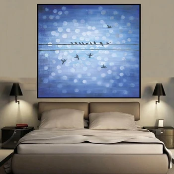 Tuval Üzerine Oturma Odası Resimleri Yatak Odası Güzel Mavi Soyut Kuş Grup Hayvan Stili Duvar Sanat Yağlıboya Ev Dekorasyonu