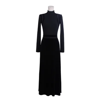 Tığ kadife elbise 2017 siyah zarif vintage ince bir bel bir tam elbise yüksek yamalı kesme-parça elbise