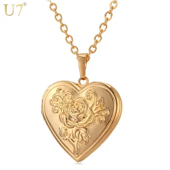 U7 Fotoğraf Çerçevesi Hafıza Kolye Gümüş/Altın Renkli Romantik Aşk Kalp Vintage P326 Çiçek Kadınlar Takı Hediye Gül Madalyon