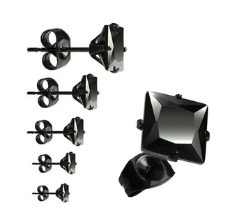 Unisex Paslanmaz Çelik Siyah Kristal Kare Kübik Zirkon Stud 5 çift 3mm, 4 mm, 5 mm, 6 mm Set Küpe, 7 mm