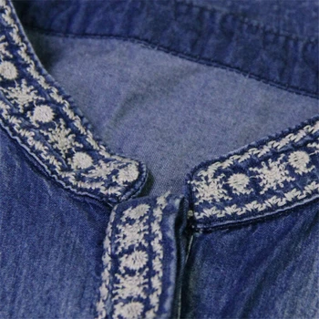 Uzun Kollu Nedensel kadın İpli 2017 Bahar Sonbahar Kadınların Yumuşak Denim Bluz Kadın Basic Gömlek Vintage Nakış Moda üstleri