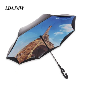 Uzun Şemsiye Araba Şemsiye Rüzgar geçirmez LDAJMW Çift Katman Ters Şemsiye Açmak/kapatmak en Dar C Şeklinde Ser El Grafik