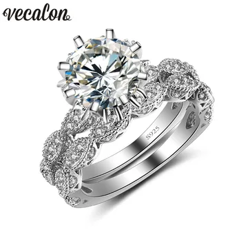 Vecalon 2016 Vintage Nişan yüzüğü 18 karat altın yüzük kadınlar AAAAA Zirkon cz 925 Gümüş yüzük Bayan Parti için Ayarlayın