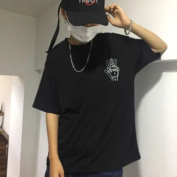 VERSMA 2017 Kore Moda Harajuku BF Parmak Baskılı T-shirt Erkek Yaz Hip Hop Sokak Gevşek Yarım Tişörtleri Erkek Kol Punk