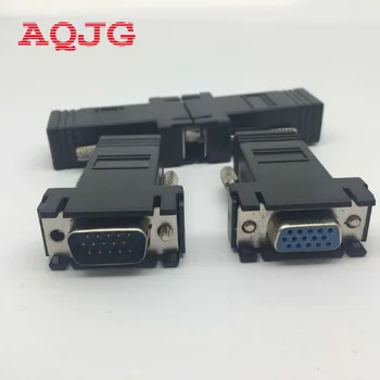 VGA Extender Erkek Bilgisayar Ekstra Switch Dönüştürücü Seti Siyah AQJG Adaptör CAT 5 RJ-45 CAT6 Ağ Ethernet Kablosu Dişi LAN