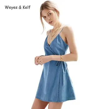 Weyes & Kelf Retro Seksi Derin V-boyun Dantel Mavi Kot Seksi Spagetti Askı Kot Elbise Mini Parti Elbise