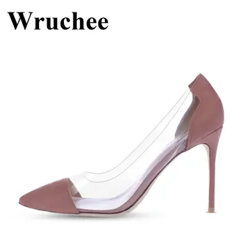 Wruchee parti yaz kadın ayakkabı yüksek ince topuklu ayakkabı 10cm şeffaf yan düğün ayakkabı topuklu
