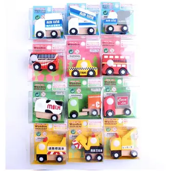 X004 12 adet ahşap araba modeli taksi arabası süt gıda vinç otobüs duruyor çocuklar için iki katlı eğitici oyuncaklar oyuncak