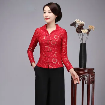 XXXXXL Sonbahar Kış Çin Yenilik Kadın Gömlek Vintage Çiçek el Yapımı Düğme Bluz İnce Dantel Kalın Tang Giyim S