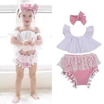 Yaz yeni Doğan Bebek Kızlar Kıyafetler Kıyafetler Fırfır Ürün+Pembe Dantel Püskül GÜÇLÜ Set Pamuk Bebek Kız Bebek Giyim Şort Üstleri