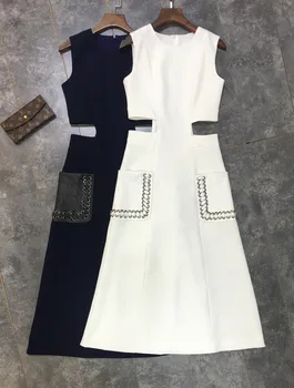Yeni 2017 ilkbahar yaz moda kadın seksi elbise kolsuz yenilik PU yamalı cepler bel kesip beyaz mavi elbise