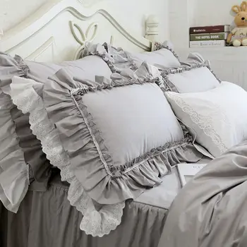 Yeni Avrupa gri yatak büyük fırfır dantel Nevresim takımı düğün dekoratif yatak giysileri için kırışıklık yatak örtüsü çarşaf çarşaf seti