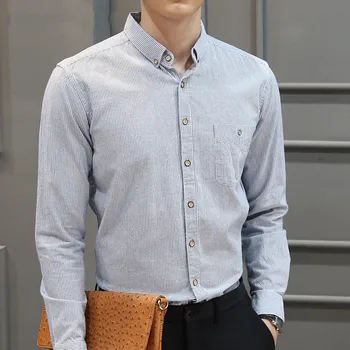Yeni Bahar Erkek Moda Smart Casual Gömlek %100 Pamuk Uzun Kollu Marka İş Nedensel Erkek Gömlek Artı Boyutu Fit Gömlek Çizgili