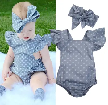 Yeni doğan Bebek Kız Bebek gri yaz kolsuz yay puantiyeli Badi+saç Bandı Ilmek
