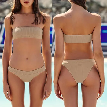 Yeni Düz Renk Bikini Kadın Mayo Retro saç bağı Bikini Üçgen Banyo İki Parça Mayo Beachwear arasında bain de Uygun