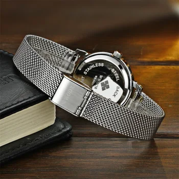 Yeni Gelenler Marka Kadın WWOOR Kuvars Analog Saat Arka Işık Montre Sony Ericsson için Gümüş Tam Çelik Band İzle, Bayan İş Saatler