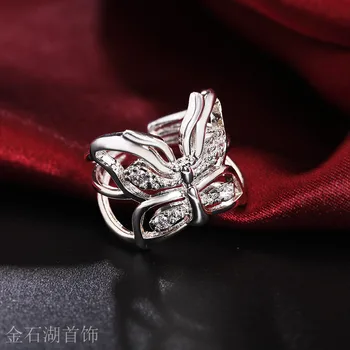 Yeni Gümüş kaplama KADIN Bayan sevimli düğün hediyesi sıcak moda charm kristal hollow kelebek R035 tatlı stil yüzük