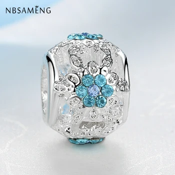 Yeni Gümüş Çekicilik Boncuk Açık Mavi Çiçek Kristal Charms Fit Pandora Bilezik DİY Takı Kadın Bilezik Kaplama