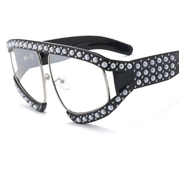 Yeni İtalya Lüks İnci Güneş Gözlüğü Kadın Marka Tasarımcı Pilot Kristal Çerçeve Q379 Kadın Gözlük Gözlük Gözlük Büyük