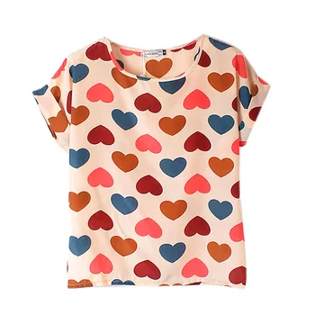 Yeni Kadın T Shirt Şifon Bayanlar Gevşek Kısa Kollu Üstler T-shirt Sıcak Kalp Dudak Çizgili