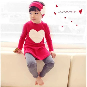 Yeni kız sonbahar giysi setleri aşk kalp çocuk T-shirt elbise+Tozluk set el bağlamak çocuk giyim spor+