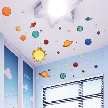 Yeni renkli karikatür güneş sistemi Vari çatı cam çocuk odası düğün pvc duvar sanatı dekor 3d diy çıkartma için duvar çıkartmaları gezegenler
